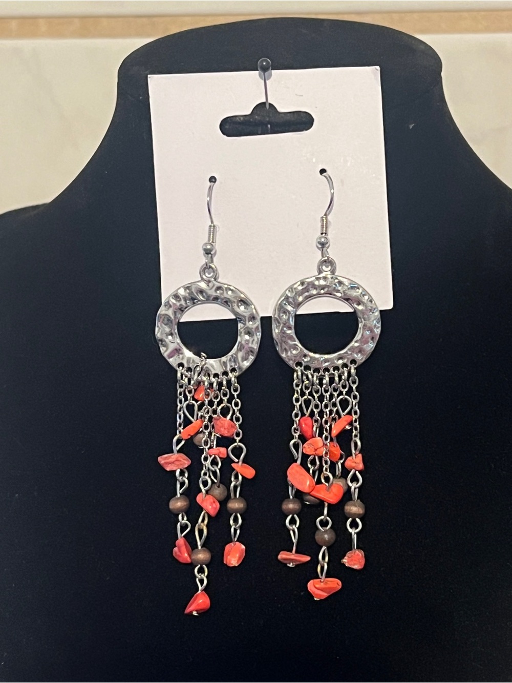 Paparazzi Silver-Tone Hoop Dangle Earrings with Coral Beads